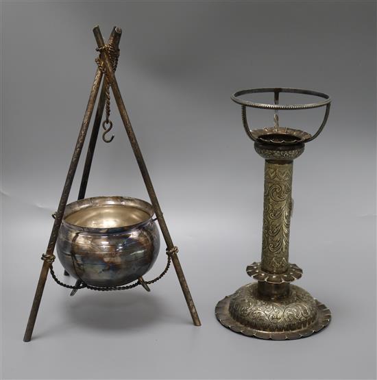 A plated bowl on stand and a single plated lamp base/candlestick 27cm high